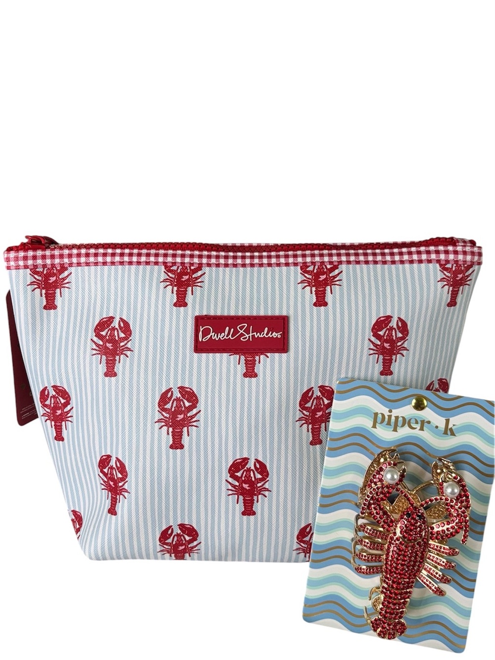 Bundle of 2- Lobster Print Cosmetic Bag & Matching Crystal Lobster Claw Cllip